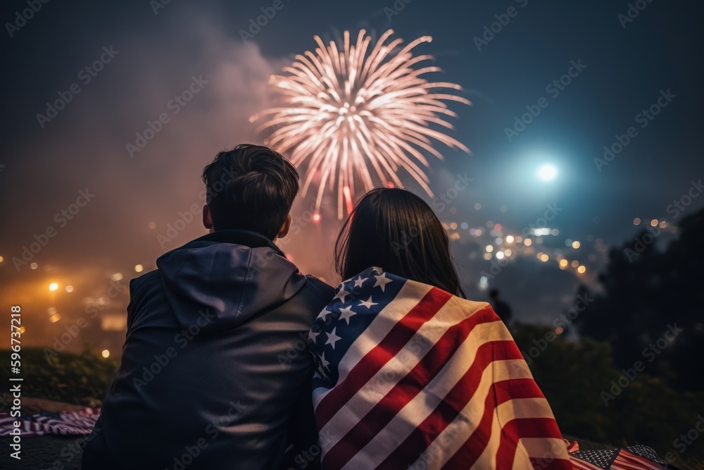 Wall mural 4th of july American Independence Day, a couple wrapped in a usa flag, sit together and watching on celebration with fireworks