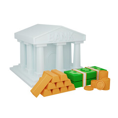 Bank with gold bricks and money illustration 3D rendering icon isolated, perfect for business presentation