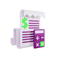 Invoice document with calculator in purple colour 3D rendering icon isolated, perfect for business presentation