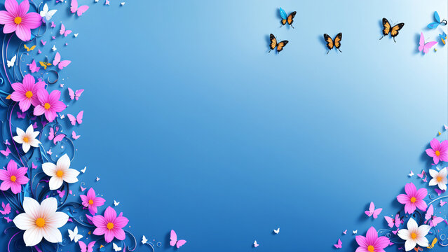 AI generated illustration of a frame made by flowers and butterflies with copyspace for your text