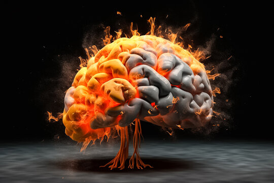 The 3D model of a brain was set ablaze like a bomb exploding on a black background, with flames and sparks shooting out in all directions. generative AI.