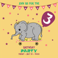 children's birthday invitation template with elephant, cute baby girl kids party invitation, birthday invitation, 3 years, join us for the birthday party, baby shower