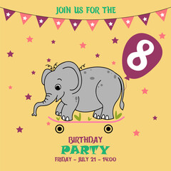 children's birthday invitation template with elephant, cute baby girl kids party invitation, birthday invitation, 8 years, join us for the birthday party, baby shower