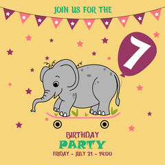 children's birthday invitation template with elephant, cute baby girl kids party invitation, birthday invitation, 7 years, join us for the birthday party, baby shower