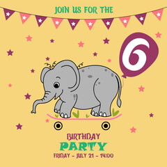 children's birthday invitation template with elephant, cute baby girl kids party invitation, birthday invitation, 6 years, join us for the birthday party, baby shower