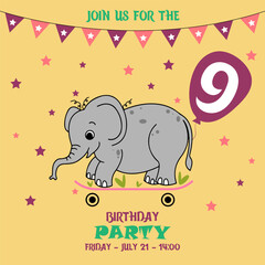 children's birthday invitation template with elephant, cute baby girl kids party invitation, birthday invitation, 9 years, join us for the birthday party, baby shower