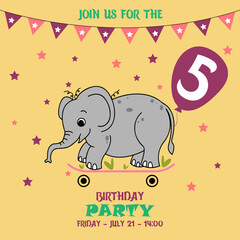 children's birthday invitation template with elephant, cute baby girl kids party invitation, birthday invitation, 5 years, join us for the birthday party, baby shower