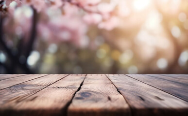 Empty Sakura Blossom Tabletop Background, Mockup for Product Display with Blank Wooden Board and Blurred Japanese Garden