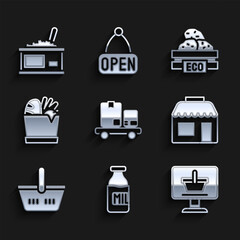 Set Hand truck and boxes, Bottle with milk, Shopping cart on computer, Market store, basket, bag food, Wooden for fruits and Tin can caviar icon. Vector