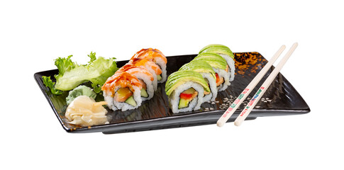 A serving of sushi isolated on a white background