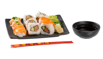 A serving of sushi isolated on a white background