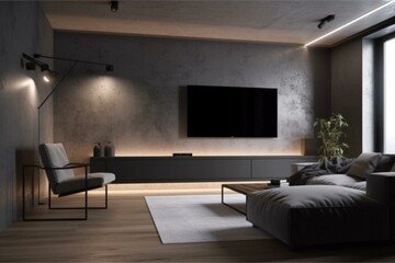 Sleek living room with LED TV on concrete wall and armchair. Minimalist decor in 3D rendering. Generative AI