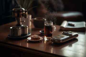 Fototapeta na wymiar Phone and coffee in a cozy house. Generative AI