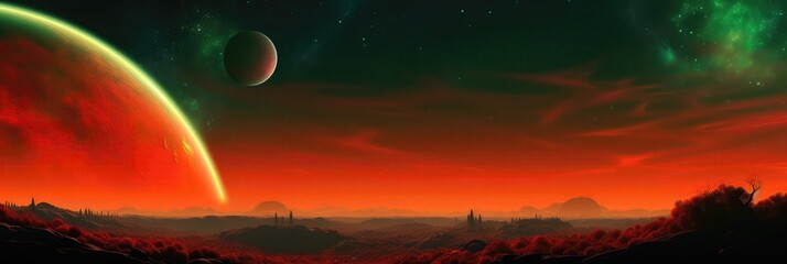 Red Orange Green Space , Panoramic Background. Generative AI