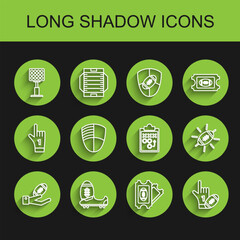 Set line American Football ball on hand, Bright stadium lights, ticket, Number 1 one fan glove finger raised american, club logo template, and Planning strategy concept icon. Vector