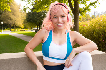 Fototapeta premium Young blonde woman wearing sportswear listening to music at park. Generaive ai