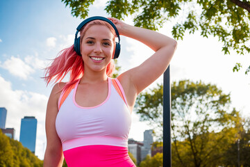 Young blonde woman wearing sportswear listening to music at park. Generaive ai
