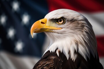Fototapeta premium Illustration of an American bald eagle in front of USA's flag. The bald eagle is the emblem of the nation with its' fierce beauty and proud independence symbolizes the strength and freedom of America