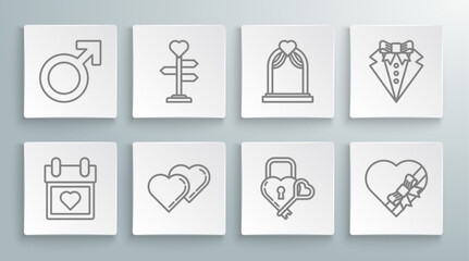 Set line Calendar with heart, Signpost, Two Linked Hearts, Castle the shape of and key, Candy shaped box bow, Wedding arch, Suit and Male gender symbol icon. Vector