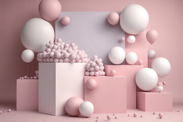 Obraz na płótnie Canvas various pink balloons and cubes shapes in studio, created with Generative AI