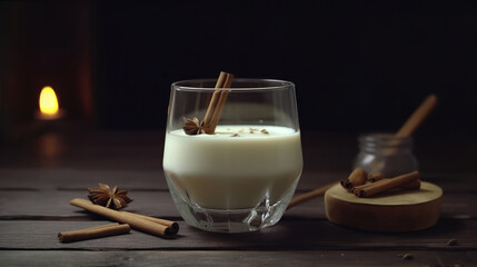 Winter eggnog in glass mug with milk and cinnamon. Illustration AI Generative. - obrazy, fototapety, plakaty