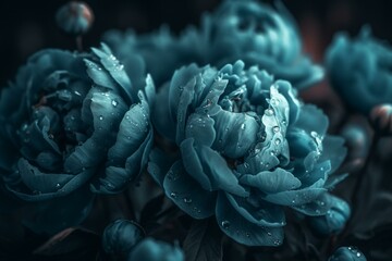 Fototapeta na wymiar Yndall light effects on baby blue peony flowers. Generative AI
