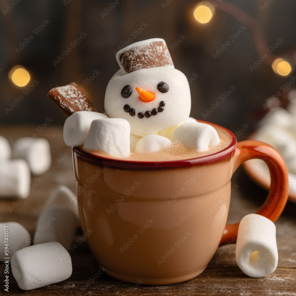 Sticker Christmas mug of hot chocolate with little marshmallows. Illustration AI Generative.