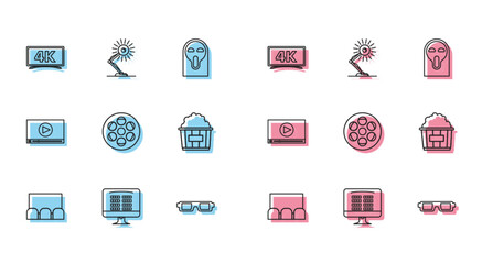 Set line , Buy cinema ticket online, 3D glasses, Film reel, Popcorn cardboard box, Online play video and Table lamp icon. Vector
