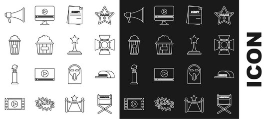 Set line Director movie chair, Cap with inscription director, Movie spotlight, Scenario, Popcorn cardboard box, Megaphone and trophy icon. Vector