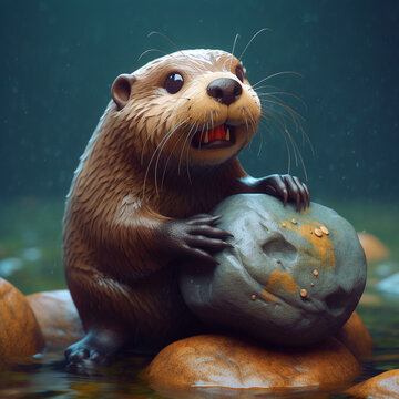 A playful otter holding a rock and floating on its back in a 3D render.
