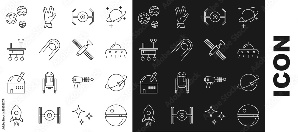 Sticker Set line Death star, Planet, UFO flying spaceship, Cosmic, Satellite, Mars rover, and icon. Vector