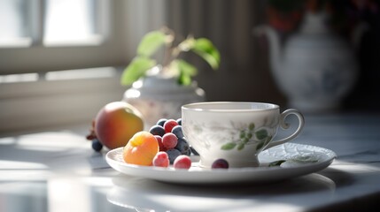 White tea cup and saucer with a small plate of fresh fruit