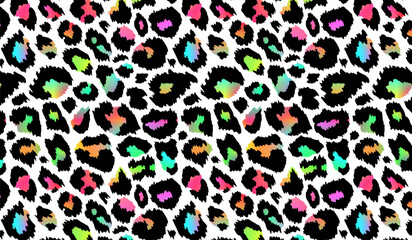 Trendy Neon Leopard pattern horizontal background. Vector rainbow wild animal cheetah skin, gradient leo texture with black and rainbow spots on white for fashion print design, textile, background.