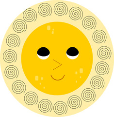 Cute sun flat vector illustration. Yellow childish sunny emoticon collection. Smiling sun with sunbeams cartoon character isolated on white background. Tshirt print design element.