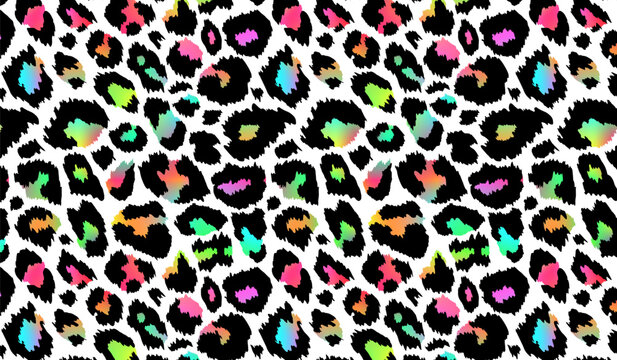 Trendy Neon Leopard pattern horizontal background. Vector rainbow wild animal cheetah skin, gradient leo texture with black and rainbow spots on white for fashion print design, textile, background.