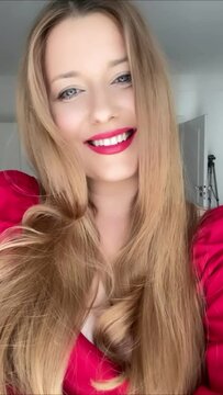 Beautiful woman with long blonde hair smiles and poses for a beauty and hair care, beauty blogger, vertical video stories reels for social media vlog.
