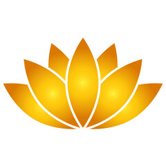 Lotus flower icon, flat style golden color vector symbol object. Seven petals floral label, yoga, wellness industry, meditation logo. Isolated on white background.