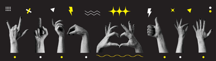 Set of hands. Isolated dark background. Collage elements for messages using hands. Vintage illustration with dotted pop art