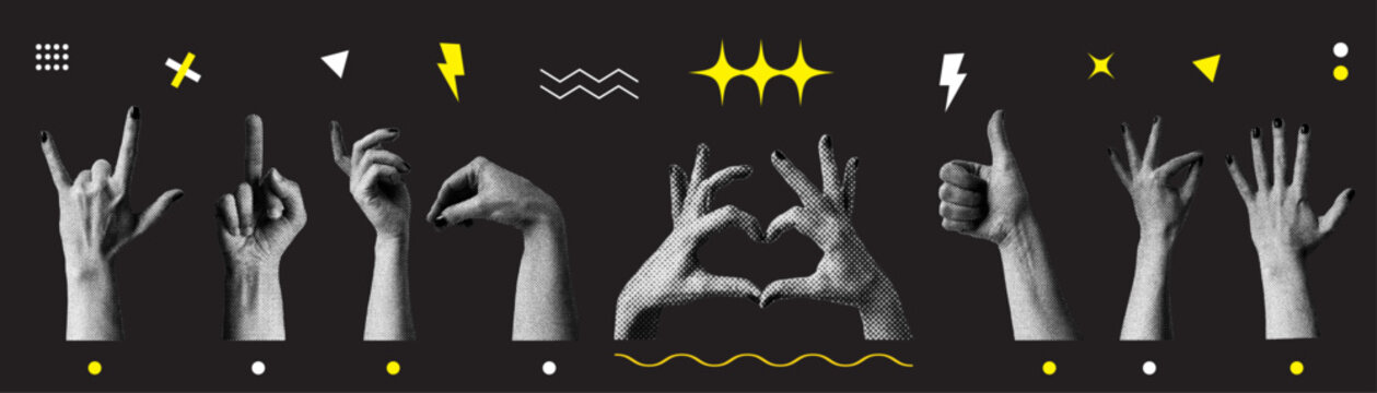 Naklejki Set of hands. Isolated dark background. Collage elements for messages using hands. Vintage illustration with dotted pop art