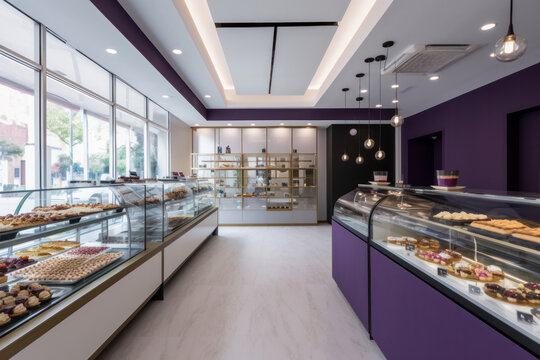 Modern Confectionery Interior. Glass Display Cases, Delicious Pastries, and Elegant Gold and Purple Color Scheme - Perfect for Cafes and Bakeries. Generative AI
