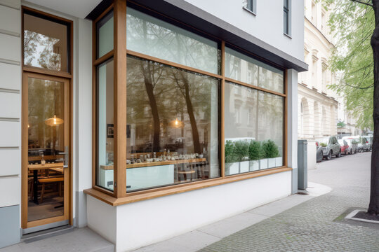 Modern Pastry Shop Exterior With Contemporary Building Facade And Large Window Display Showcasing Delicious Treats, Captured From Street Perspective - Generative AI