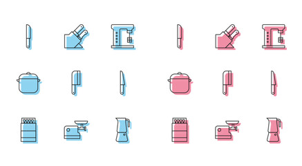 Set line Open matchbox and matches, Kitchen meat grinder, Knife, Moka pot, Meat chopper, Cooking and icon. Vector