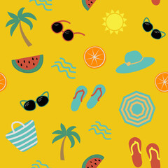 Colorful seamless summer pattern with hand drawn beach elements such as sunglasses, palm, watermelon slice, tote bag, umbrella, ice cream, waves, sand. Fashion print design, vector illustration