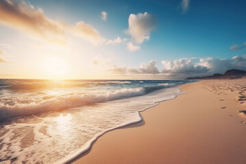 Fototapeta premium Tropical beach with sunset sky and clouds background. Summer vacation and travel concept. Generative ai.