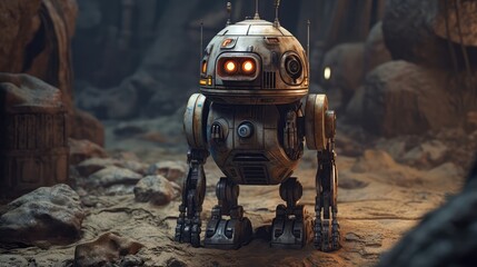 A Small Droid With A Head And Hands, Background Of Mining Camp. Generative AI