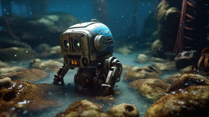 A Small Droid With A Head And Hands, Background Of A Sunken Shipwreck With Treasure. Generative AI