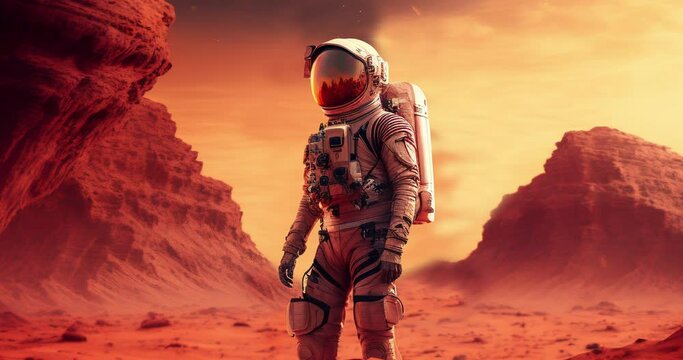 Astronaut exploring planet mars with mountains, created using generative ai technology