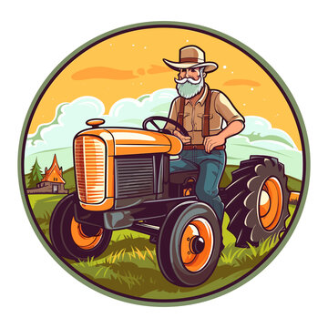 A farmer drives an old tractor to a field. A healthy lifestyle, agriculture, farm concept. Cartoon vector illustration. label, sticker, t-shirt printing