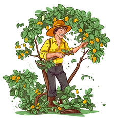 An orchardist tending trees. Pruning tree branches. Cartoon vector illustration. label, sticker, t-shirt printing