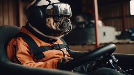 Dog In The Headphones In Gokart Racing. Generative AI